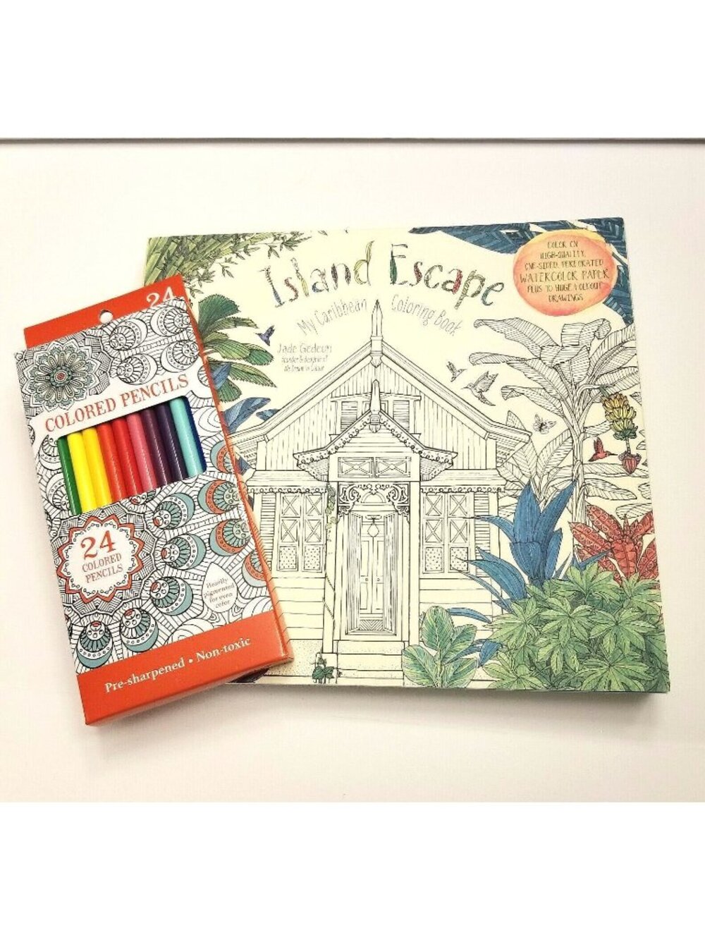 Island Escape My Caribbean Coloring Book by Jade Gedeon/24 Coloring Pencils NEW